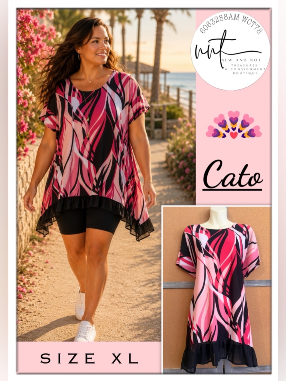 Cato XL Pink Black Abstract Print Tunic Top Chiffon Ruffle Sharkbite Hem